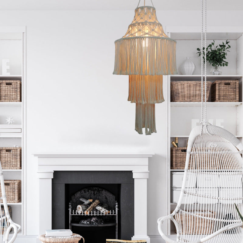 Contemporary Boho Fabric Tassel Braided Rope 1 - Light Chandelier For Dining Room
