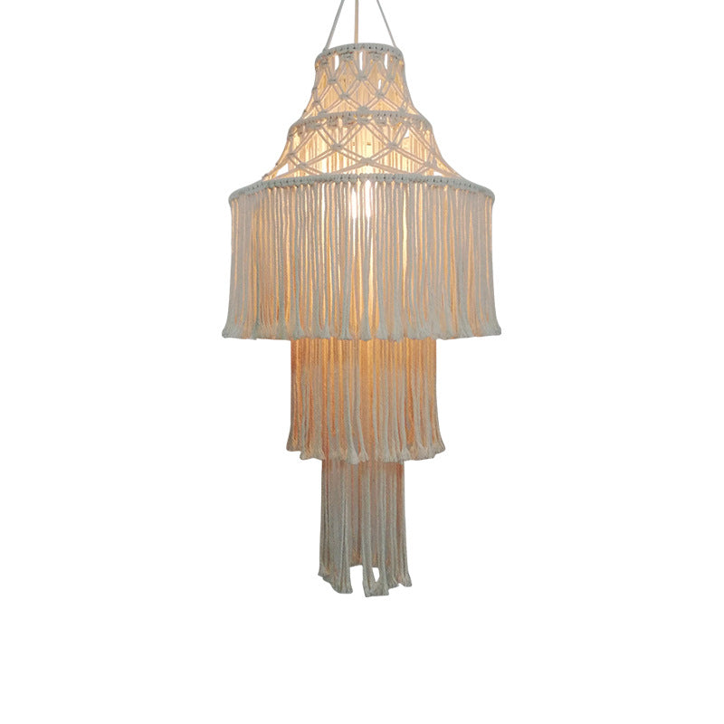 Contemporary Boho Fabric Tassel Braided Rope 1 - Light Chandelier For Dining Room