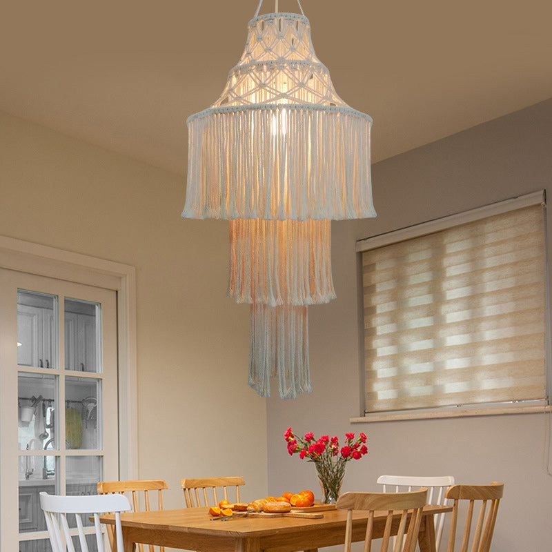 Contemporary Boho Fabric Tassel Braided Rope 1 - Light Chandelier For Dining Room