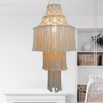 Contemporary Boho Fabric Tassel Braided Rope 1 - Light Chandelier For Dining Room