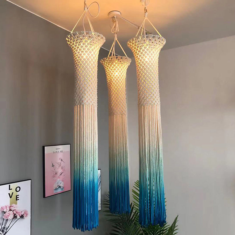 Contemporary Boho Fabric Long Strip Tassel Braided Rope 1 - Light Chandelier For Hallways