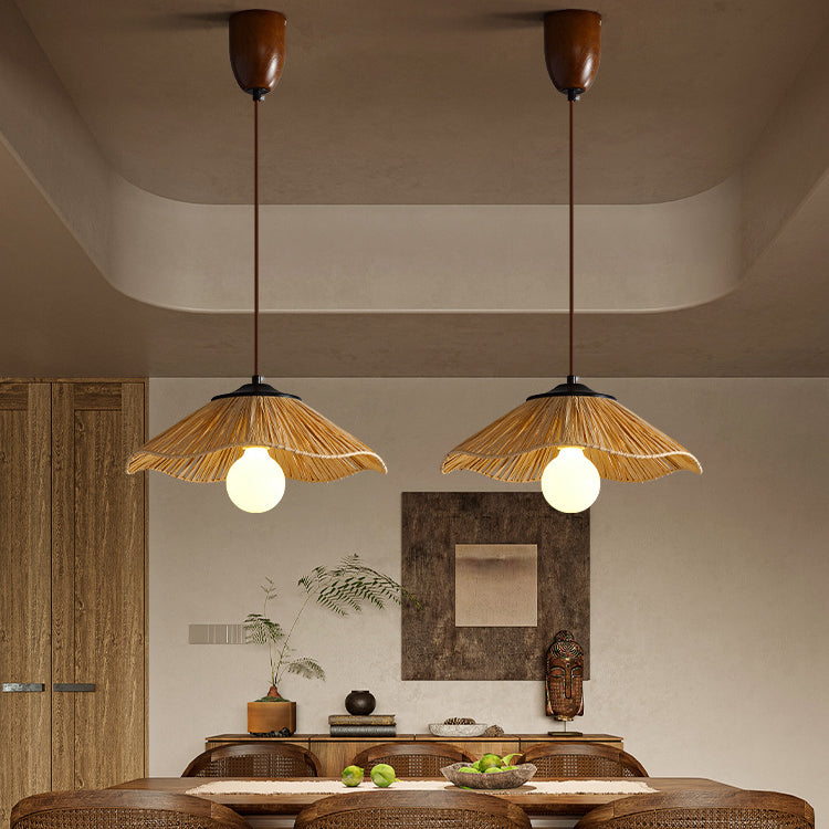 Traditional Chinese Umbrella Shape Grass Weaving Shade 1 - Light Pendant Light For Dining Room
