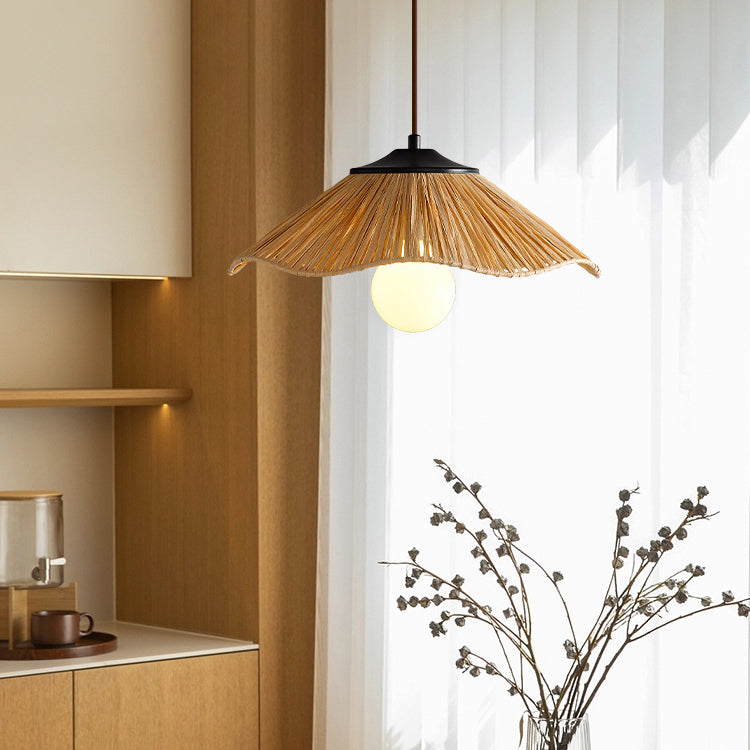 Traditional Chinese Umbrella Shape Grass Weaving Shade 1 - Light Pendant Light For Dining Room
