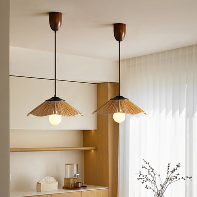 Traditional Chinese Umbrella Shape Grass Weaving Shade 1 - Light Pendant Light For Dining Room
