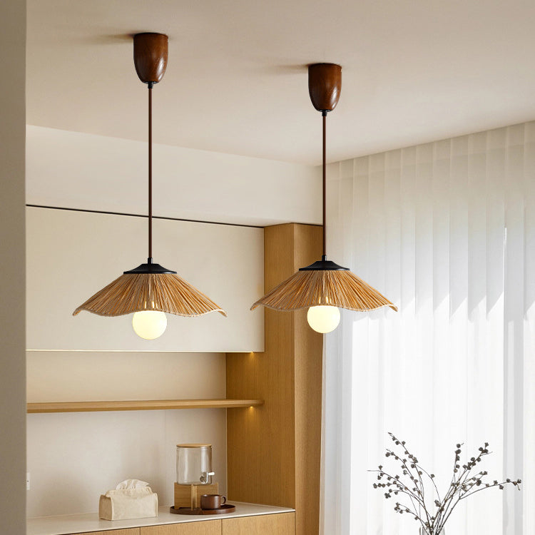 Traditional Chinese Umbrella Shape Grass Weaving Shade 1 - Light Pendant Light For Dining Room
