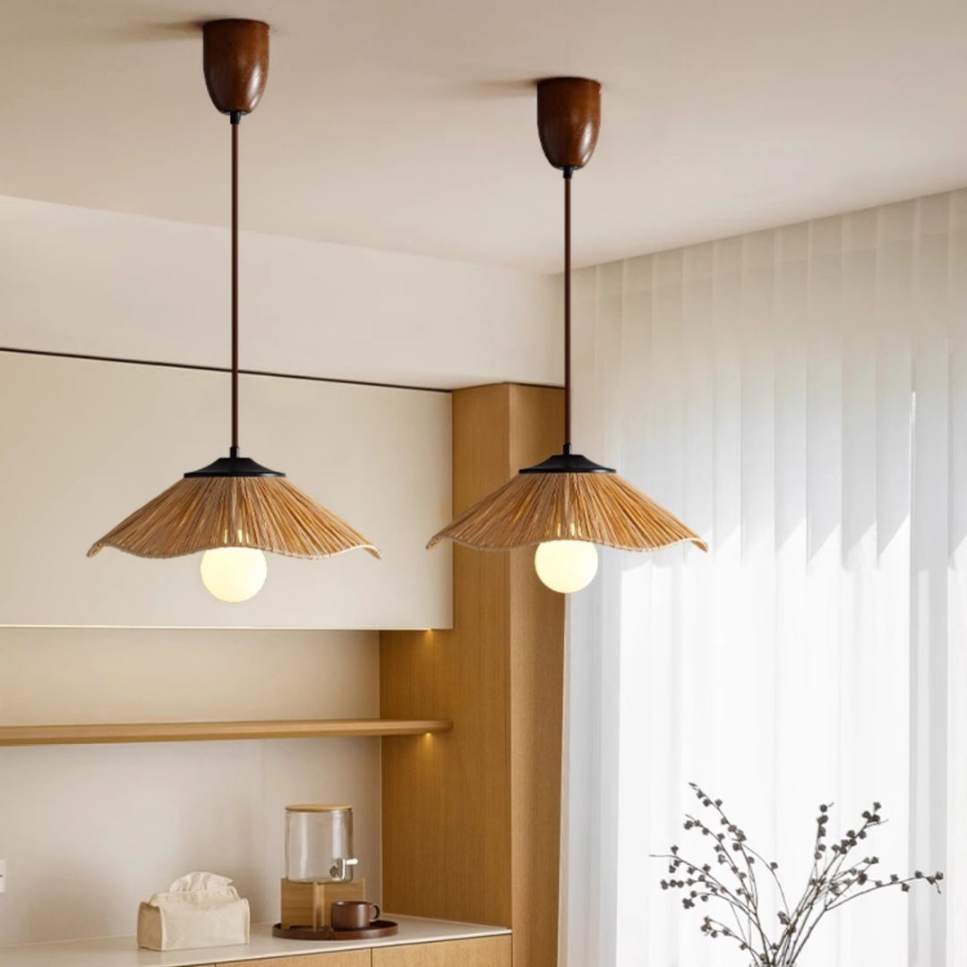 Abat-jour en forme de parapluie chinois traditionnel en herbe tressée 1 - Suspension lumineuse pour salle à manger 