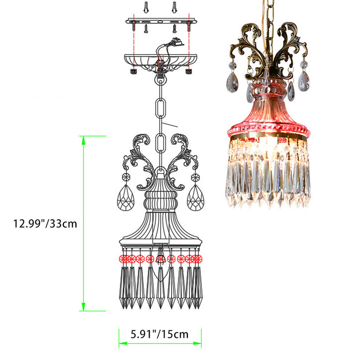 Luz colgante tradicional francesa de cobre y cristal de 1 luz para sala de estar 