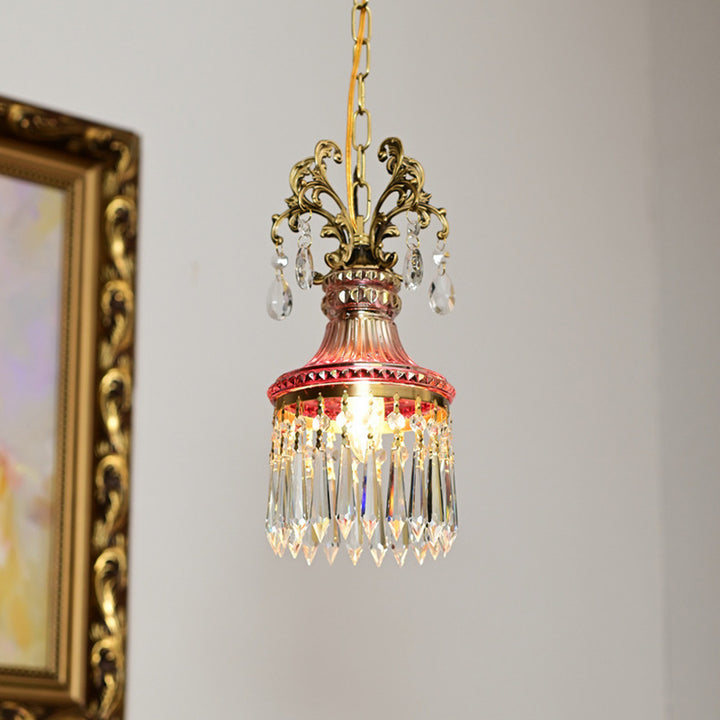 Luz colgante tradicional francesa de cobre y cristal de 1 luz para sala de estar 