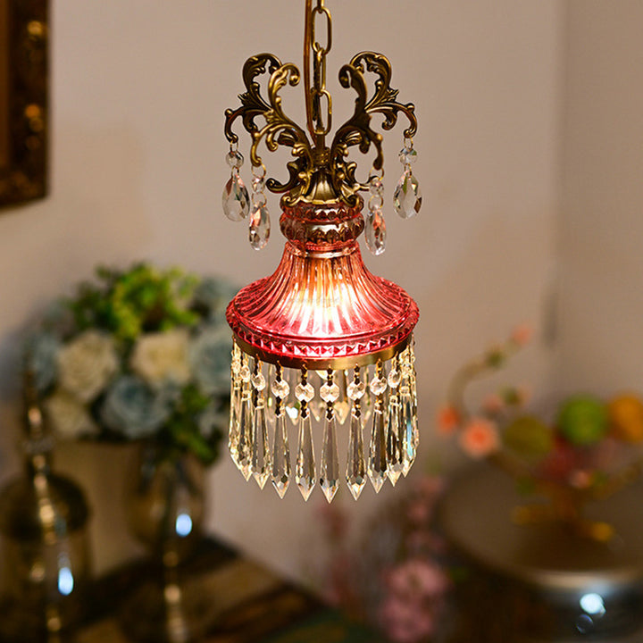 Luz colgante tradicional francesa de cobre y cristal de 1 luz para sala de estar 