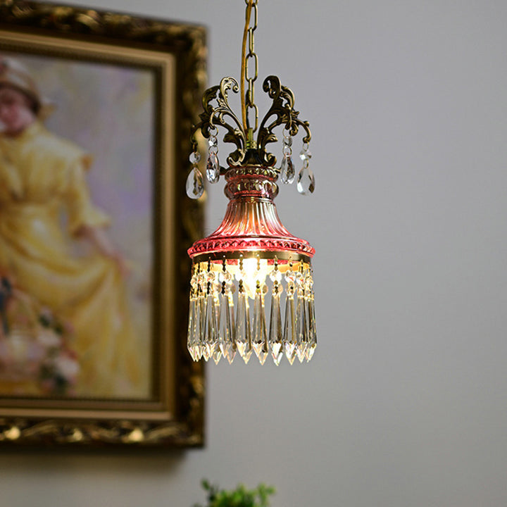Luz colgante tradicional francesa de cobre y cristal de 1 luz para sala de estar 