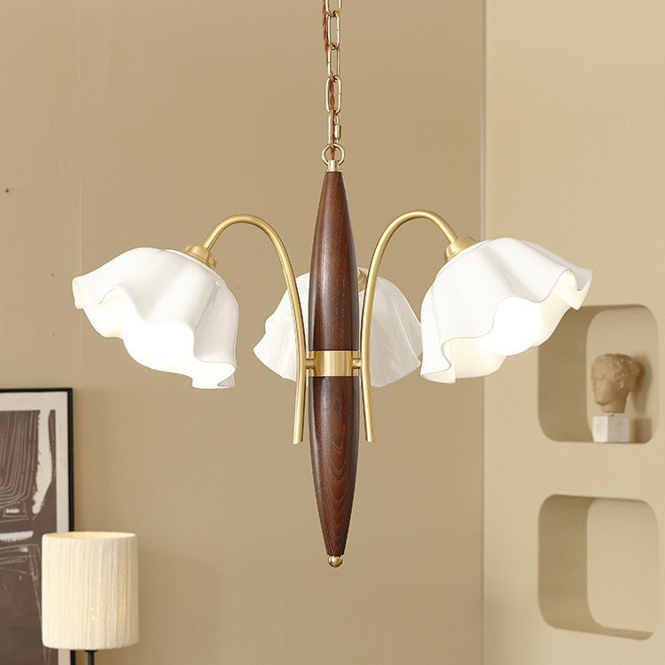 Lámpara de Araña de Cerámica de Cobre con Flores Retro Contemporáneas de 3 Luces para Sala de Estar 