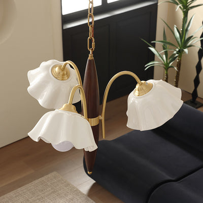 Lámpara de Araña de Cerámica de Cobre con Flores Retro Contemporáneas de 3 Luces para Sala de Estar 