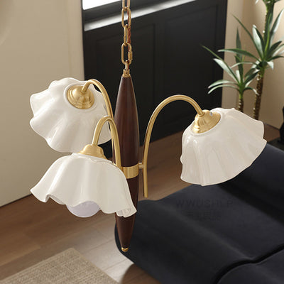 Lámpara de Araña de Cerámica de Cobre con Flores Retro Contemporáneas de 3 Luces para Sala de Estar 