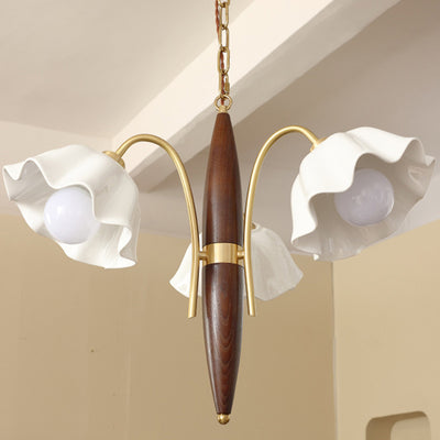 Lámpara de Araña de Cerámica de Cobre con Flores Retro Contemporáneas de 3 Luces para Sala de Estar 