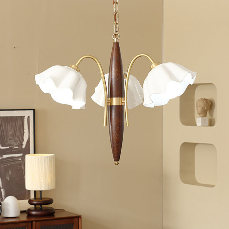 Lámpara de Araña de Cerámica de Cobre con Flores Retro Contemporáneas de 3 Luces para Sala de Estar 
