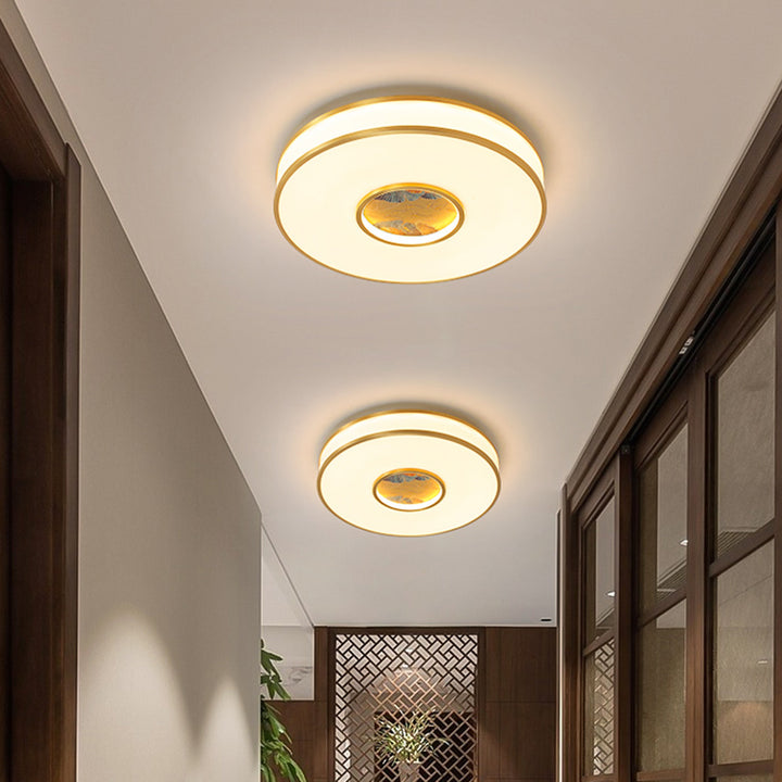 Luz de techo empotrada LED de cobre acrílico redonda tradicional china de loto para sala de estar 