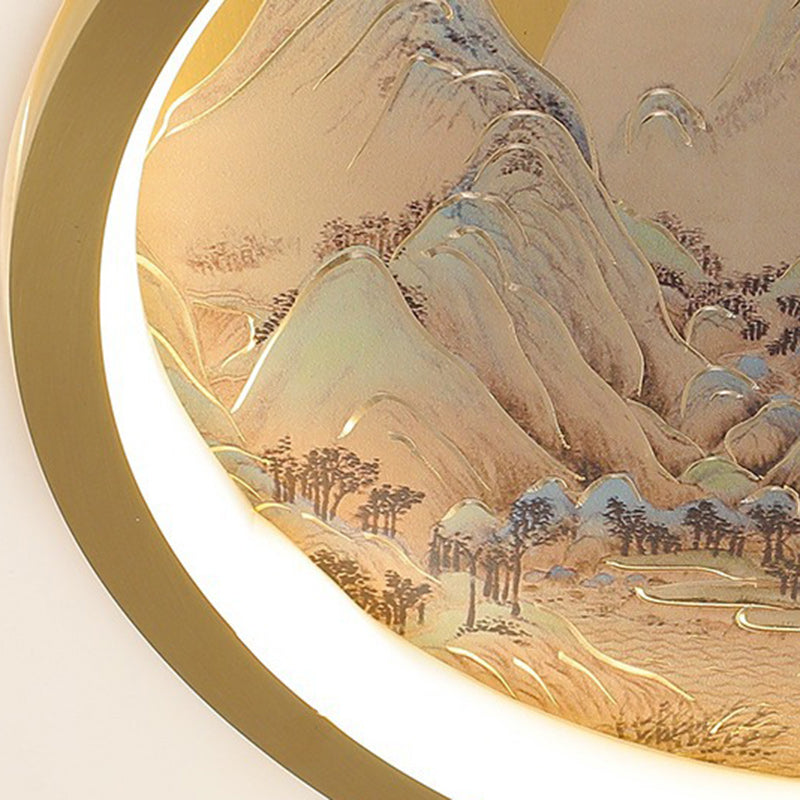 Luz de techo empotrada LED de cobre acrílico redonda tradicional china de loto para sala de estar 