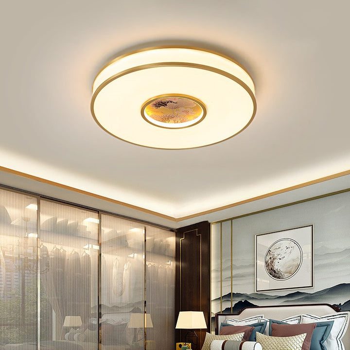 Luz de techo empotrada LED de cobre acrílico redonda tradicional china de loto para sala de estar 
