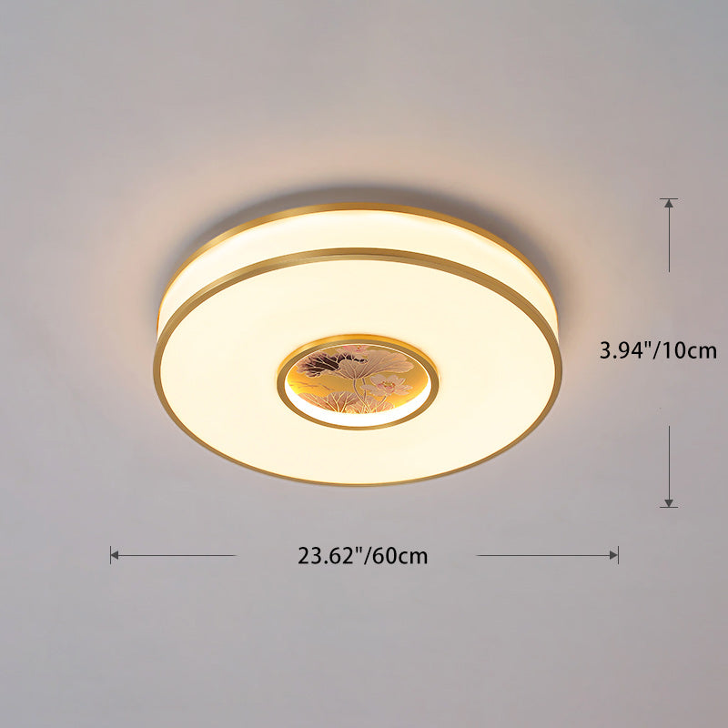 Luz de techo empotrada LED de cobre acrílico redonda tradicional china de loto para sala de estar 