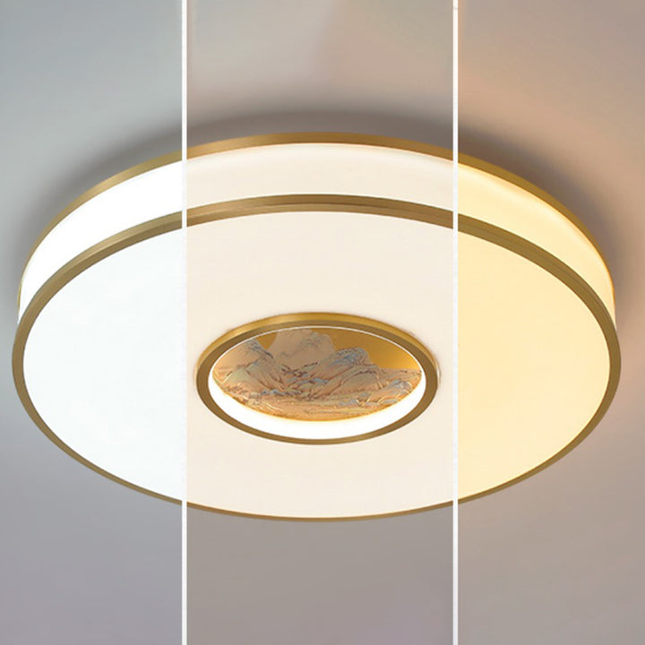 Luz de techo empotrada LED de cobre acrílico redonda tradicional china de loto para sala de estar 
