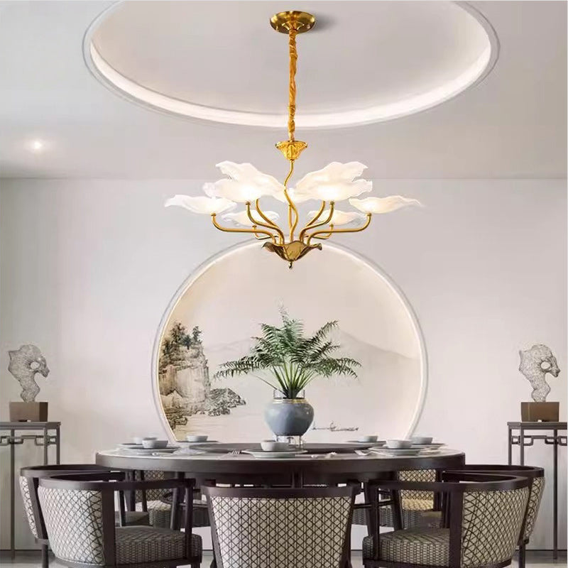Traditional Chinese Lotus Copper Glass 6/9 - Light Chandelier For Dining Room