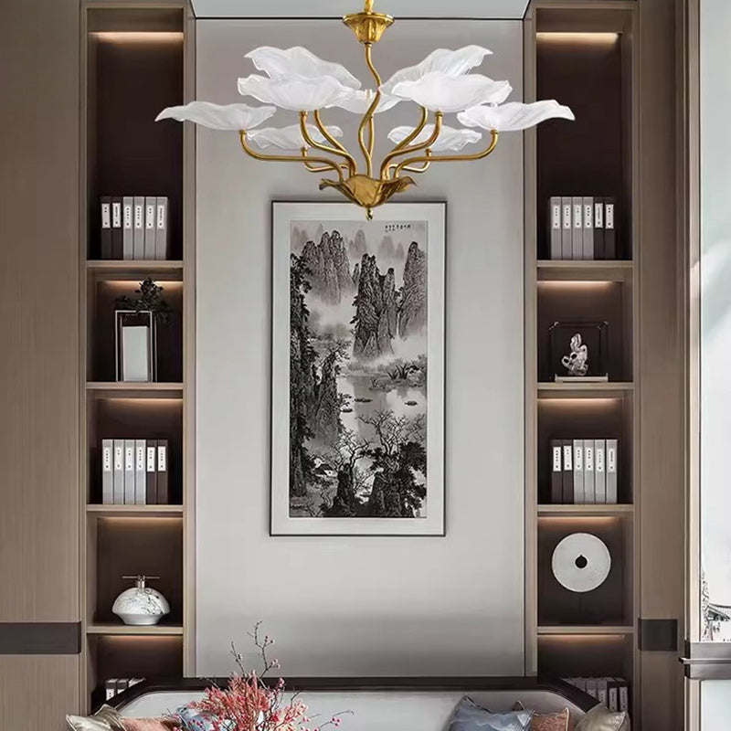Traditional Chinese Lotus Copper Glass 6/9 - Light Chandelier For Dining Room