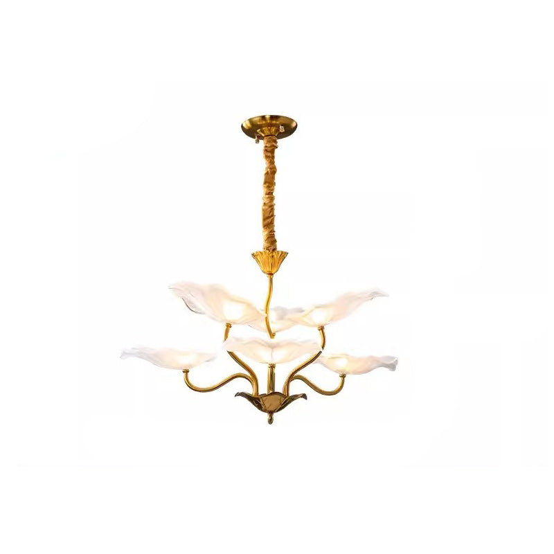 Traditional Chinese Lotus Copper Glass 6/9 - Light Chandelier For Dining Room