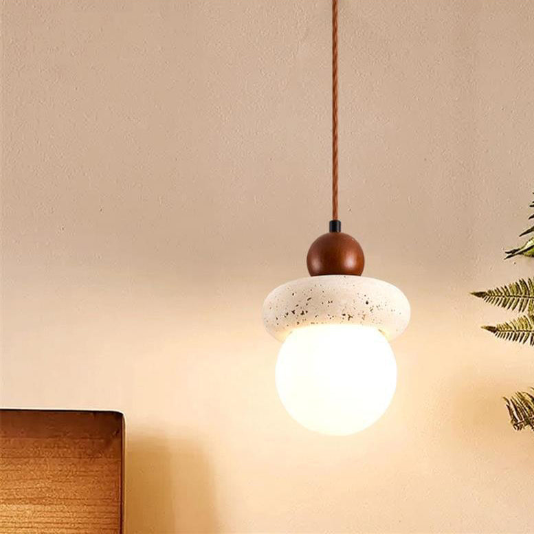 Suspension lumineuse traditionnelle japonaise en travertin jaune rond en PVC noyer 1 - Lumière pour chambre 