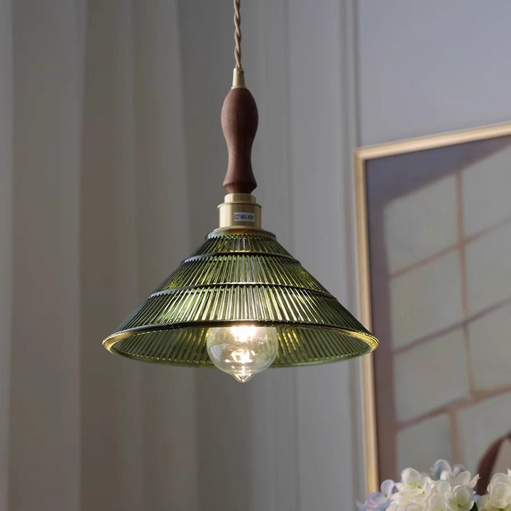 Contemporary Retro Stripe Hat Shape Brass Walnut Glass 1 - Light Pendant Light For Dining Room