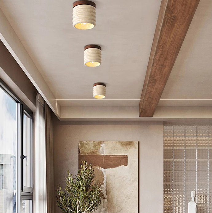 Plafonnier semi-encastré à 1 lumière en bois massif avec verre travertin jaune rond traditionnel japonais pour couloirs 