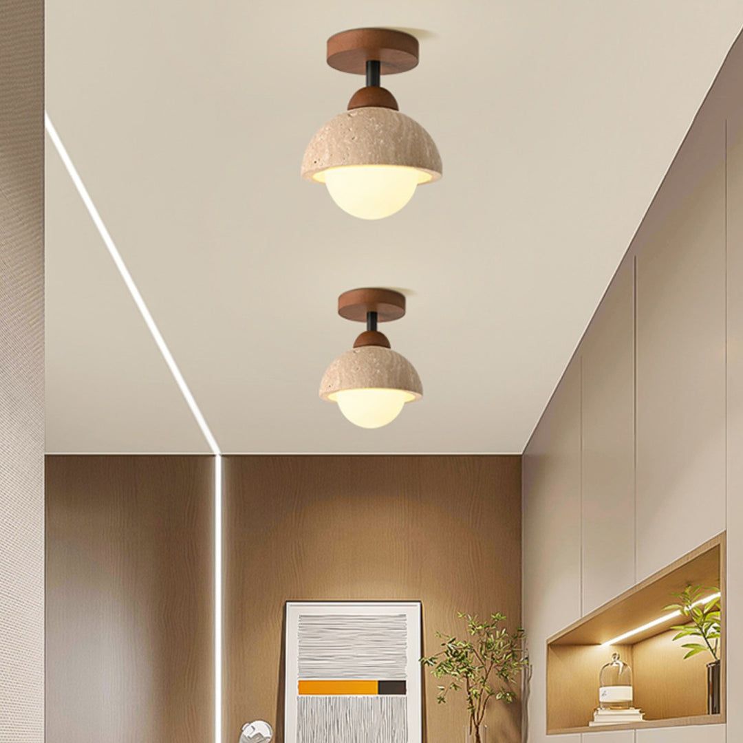 Plafonnier semi-encastré à 1 lumière en bois massif avec verre travertin jaune rond traditionnel japonais pour couloirs 