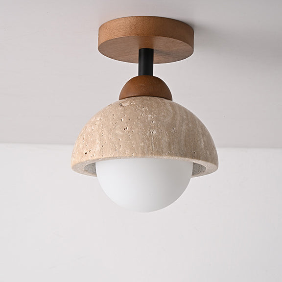 Plafonnier semi-encastré à 1 lumière en bois massif avec verre travertin jaune rond traditionnel japonais pour couloirs 