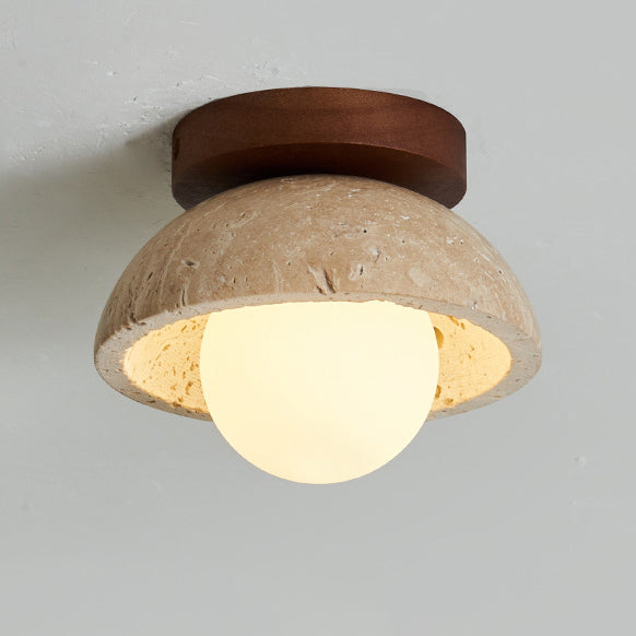 Plafonnier semi-encastré à 1 lumière en bois massif avec verre travertin jaune rond traditionnel japonais pour couloirs 