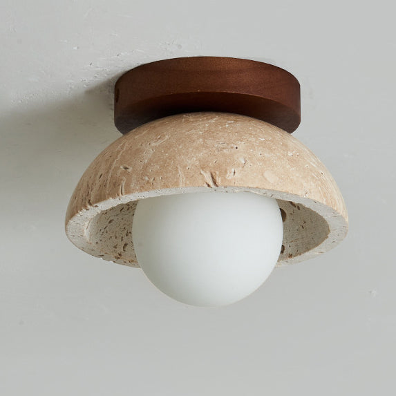 Plafonnier semi-encastré à 1 lumière en bois massif avec verre travertin jaune rond traditionnel japonais pour couloirs 