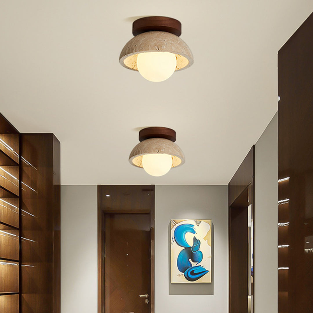 Plafonnier semi-encastré à 1 lumière en bois massif avec verre travertin jaune rond traditionnel japonais pour couloirs 