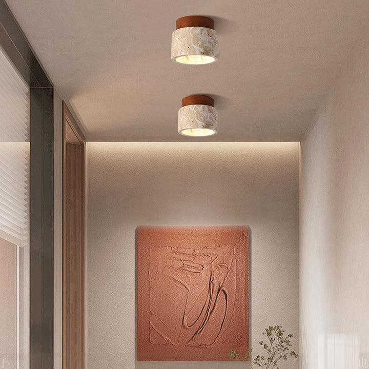 Plafonnier semi-encastré à 1 lumière en bois massif avec verre travertin jaune rond traditionnel japonais pour couloirs 