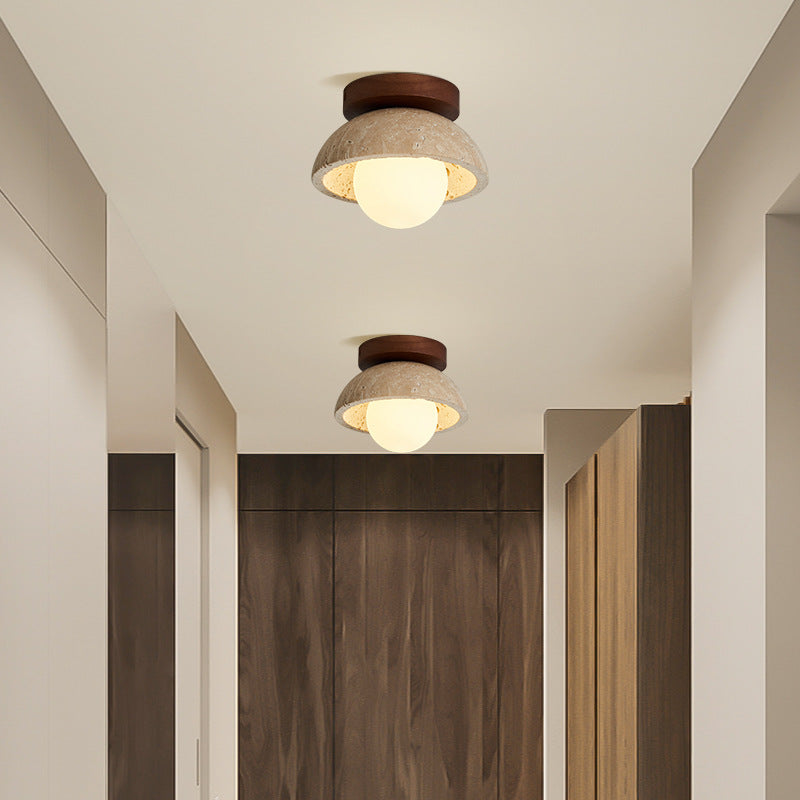 Plafonnier semi-encastré à 1 lumière en bois massif avec verre travertin jaune rond traditionnel japonais pour couloirs 
