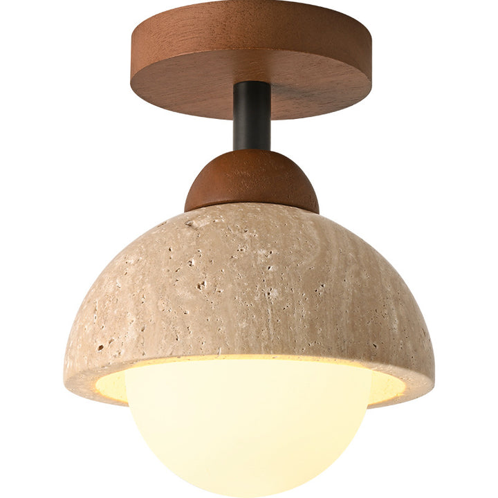 Plafonnier semi-encastré à 1 lumière en bois massif avec verre travertin jaune rond traditionnel japonais pour couloirs 