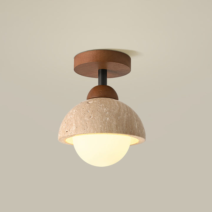 Plafonnier semi-encastré à 1 lumière en bois massif avec verre travertin jaune rond traditionnel japonais pour couloirs 