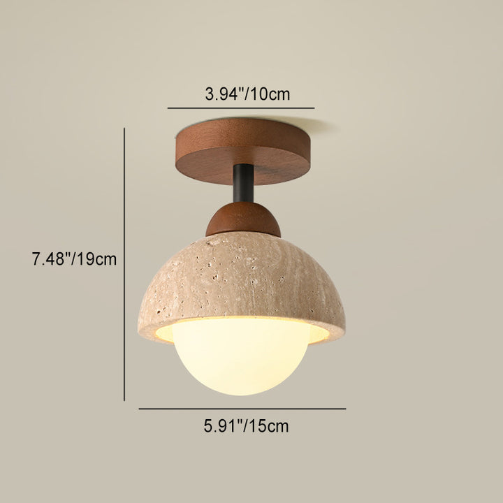 Plafonnier semi-encastré à 1 lumière en bois massif avec verre travertin jaune rond traditionnel japonais pour couloirs 