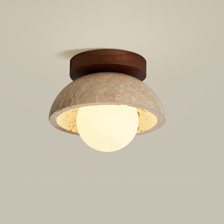 Plafonnier semi-encastré à 1 lumière en bois massif avec verre travertin jaune rond traditionnel japonais pour couloirs 