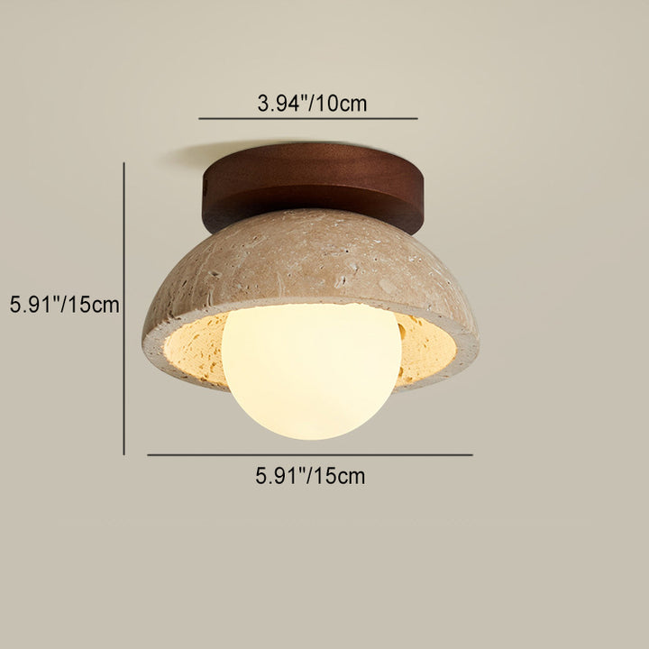 Plafonnier semi-encastré à 1 lumière en bois massif avec verre travertin jaune rond traditionnel japonais pour couloirs 