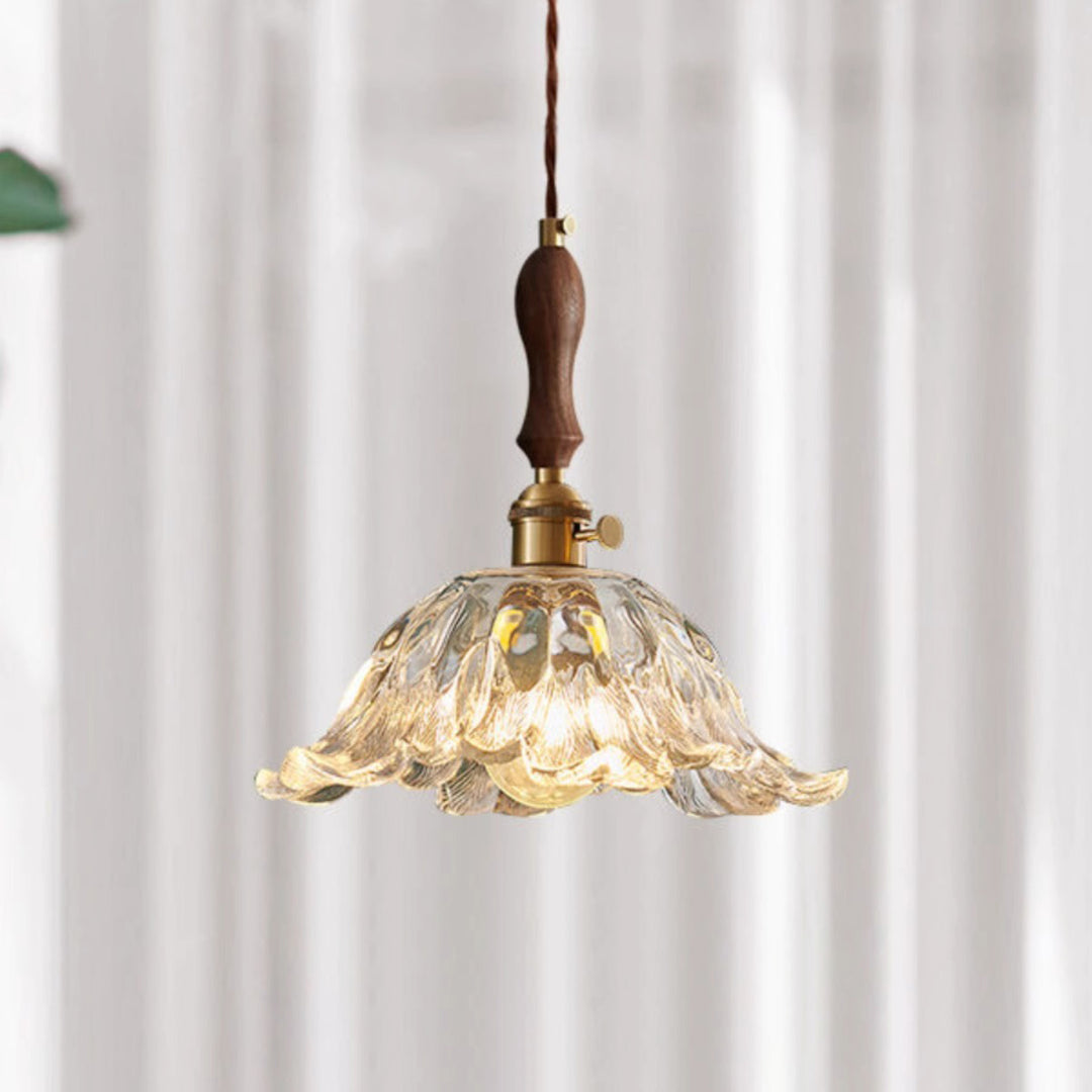 Lustre suspendu contemporain rétro en verre transparent cuivré avec motif de fleurs - 1 lumière pour salle à manger 