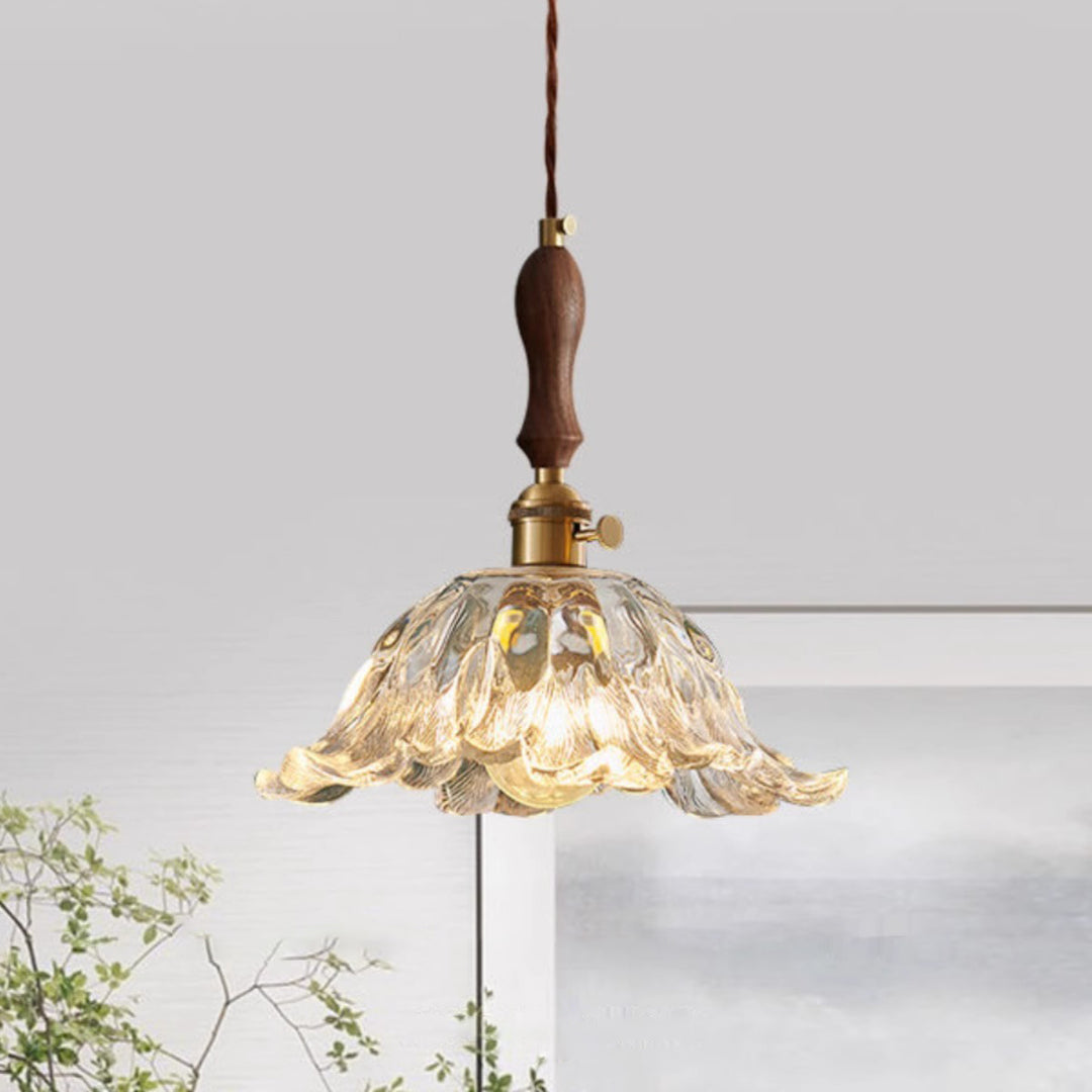 Lustre suspendu contemporain rétro en verre transparent cuivré avec motif de fleurs - 1 lumière pour salle à manger 