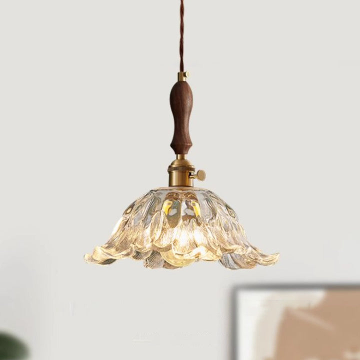 Lustre suspendu contemporain rétro en verre transparent cuivré avec motif de fleurs - 1 lumière pour salle à manger 
