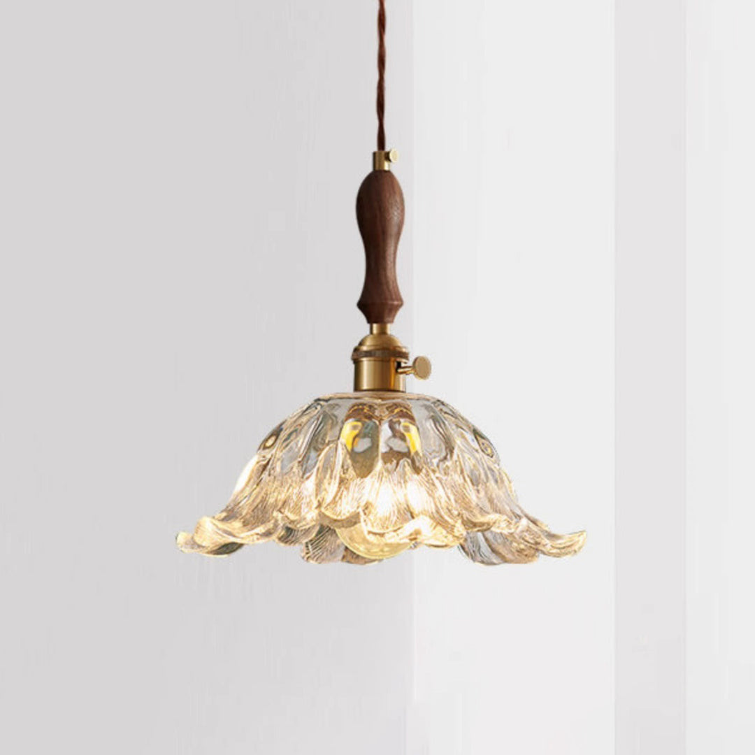 Lustre suspendu contemporain rétro en verre transparent cuivré avec motif de fleurs - 1 lumière pour salle à manger 