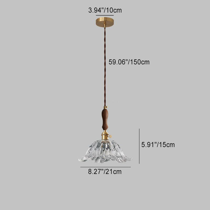 Lustre suspendu contemporain rétro en verre transparent cuivré avec motif de fleurs - 1 lumière pour salle à manger 