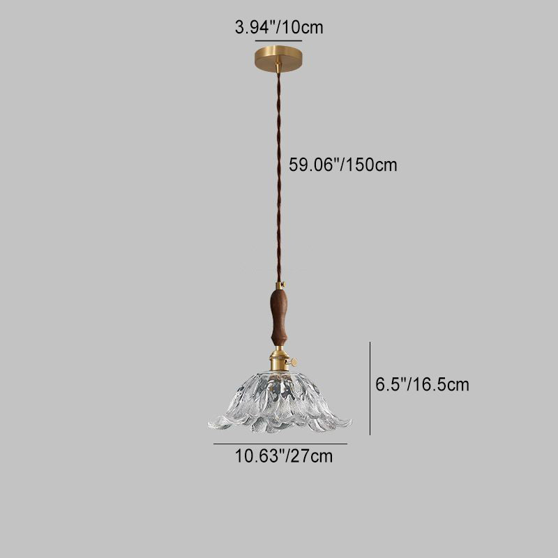 Lustre suspendu contemporain rétro en verre transparent cuivré avec motif de fleurs - 1 lumière pour salle à manger 