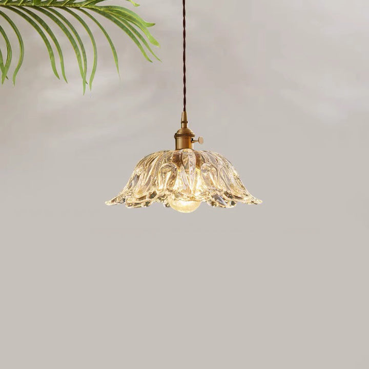 Lustre suspendu contemporain rétro en verre transparent cuivré avec motif de fleurs - 1 lumière pour salle à manger 