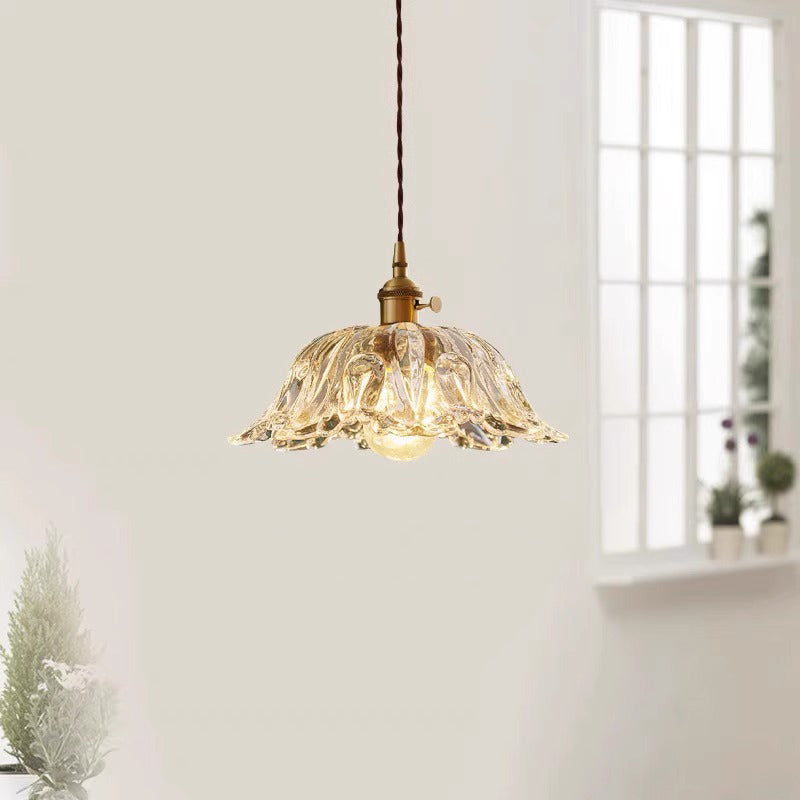 Lustre suspendu contemporain rétro en verre transparent cuivré avec motif de fleurs - 1 lumière pour salle à manger 